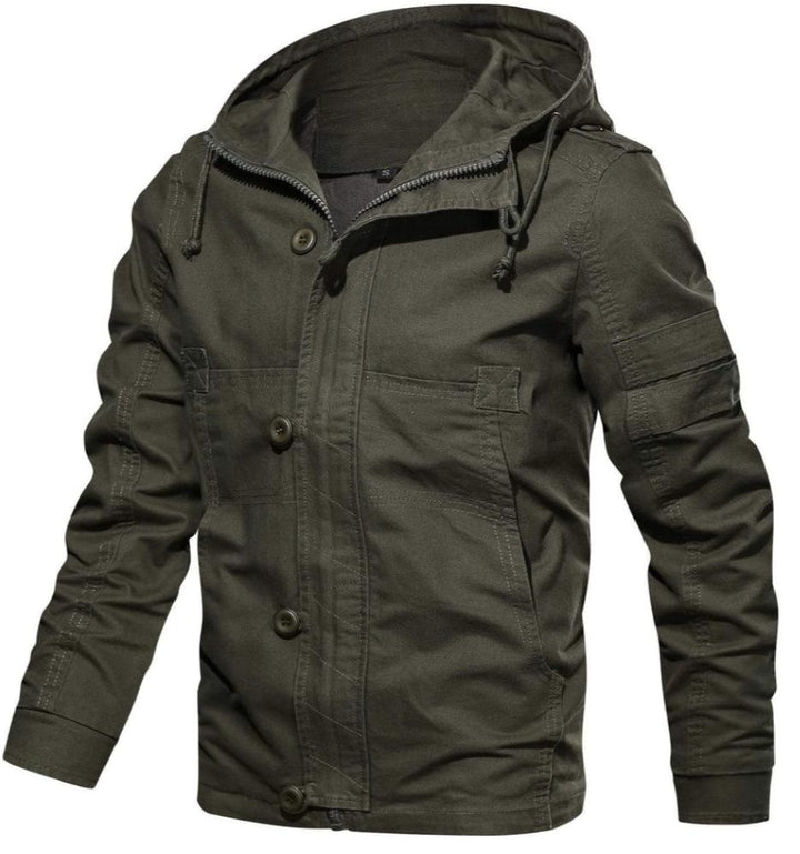 Men's Utility Cotton Jacket | Hooded Midweight Casual Coat | Button & Zip Closure
