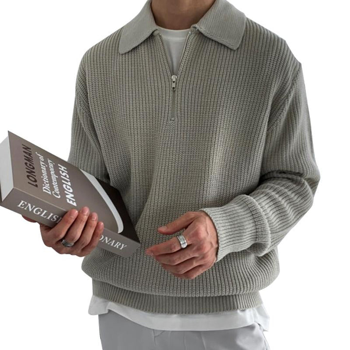 Men’s Waffle Knit Half-Zip Sweater | Oversized Collar | Textured Midweight Pullover