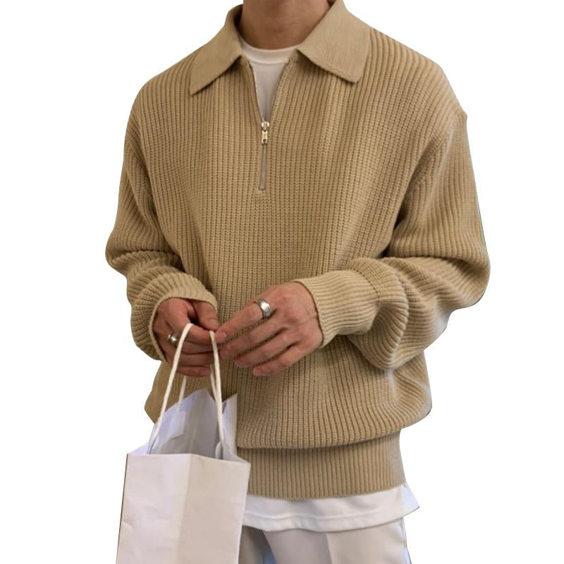 Men’s Waffle Knit Half-Zip Sweater | Oversized Collar | Textured Midweight Pullover