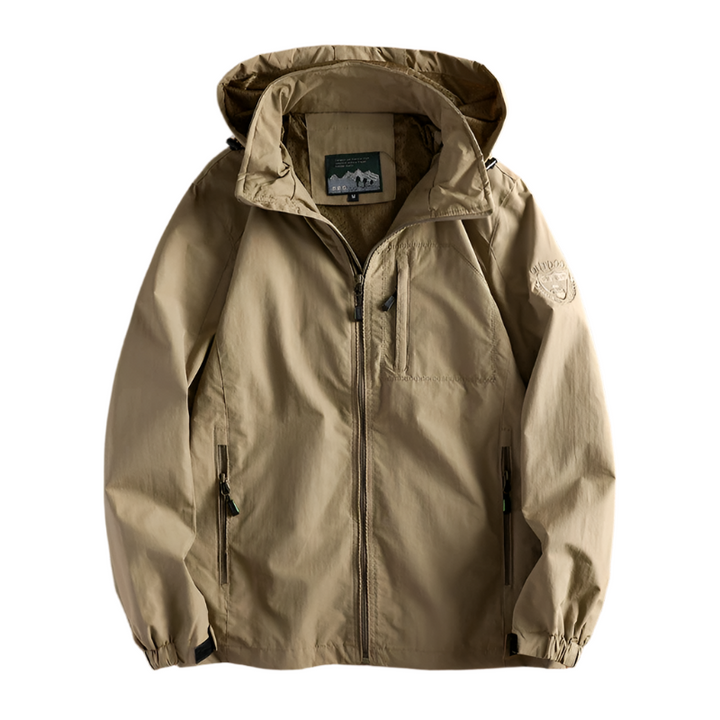Men’s Khaki Windbreaker Jacket | Lightweight Shell | Adjustable Hood