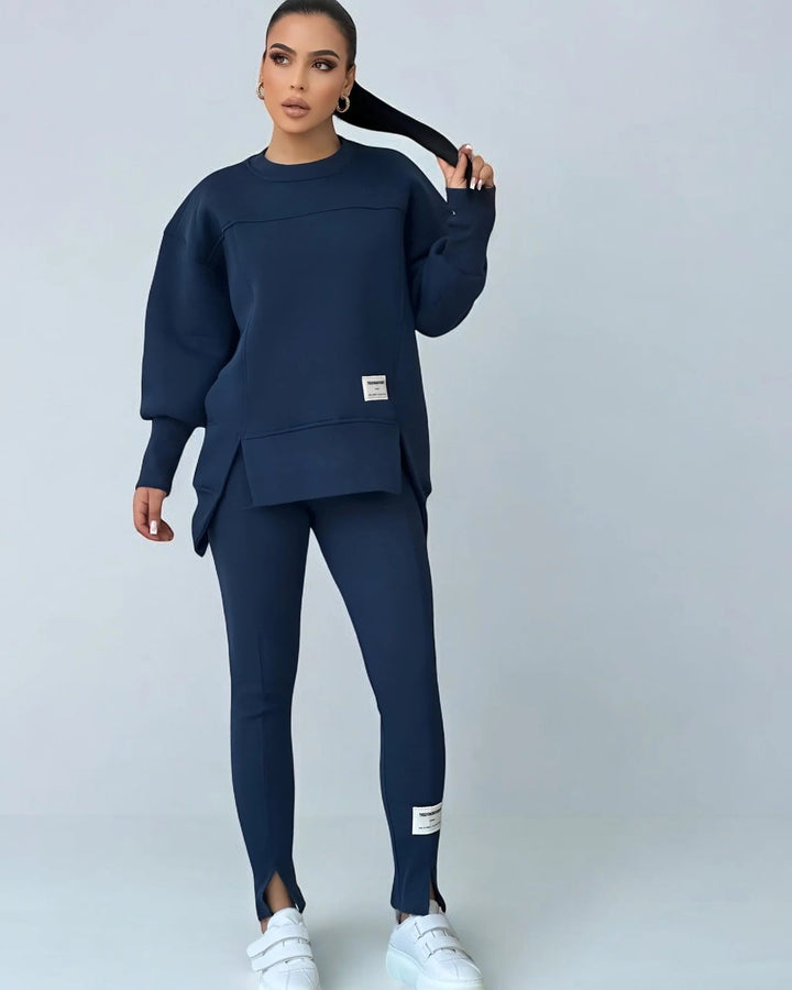 Modern Two-Piece Loungewear Set | Split Hem Top & Leggings | Polyester Blend | Casual Comfort