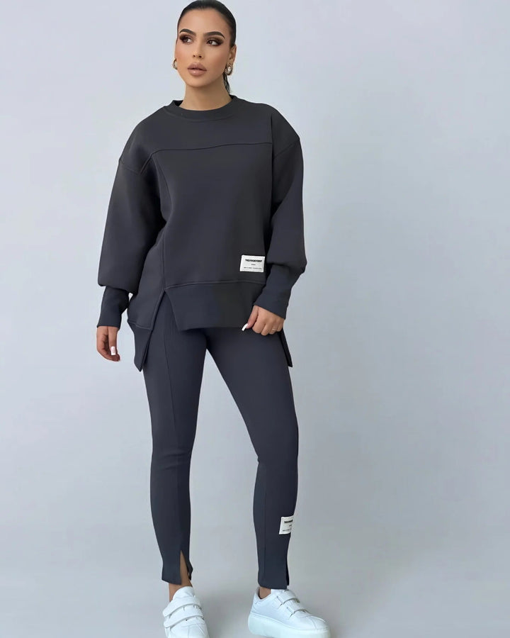 Modern Two-Piece Loungewear Set | Split Hem Top & Leggings | Polyester Blend | Casual Comfort
