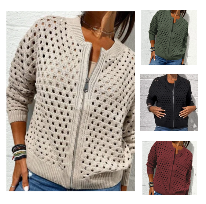 Florence - Women's Knitted Jacket with Zipper and Cutouts