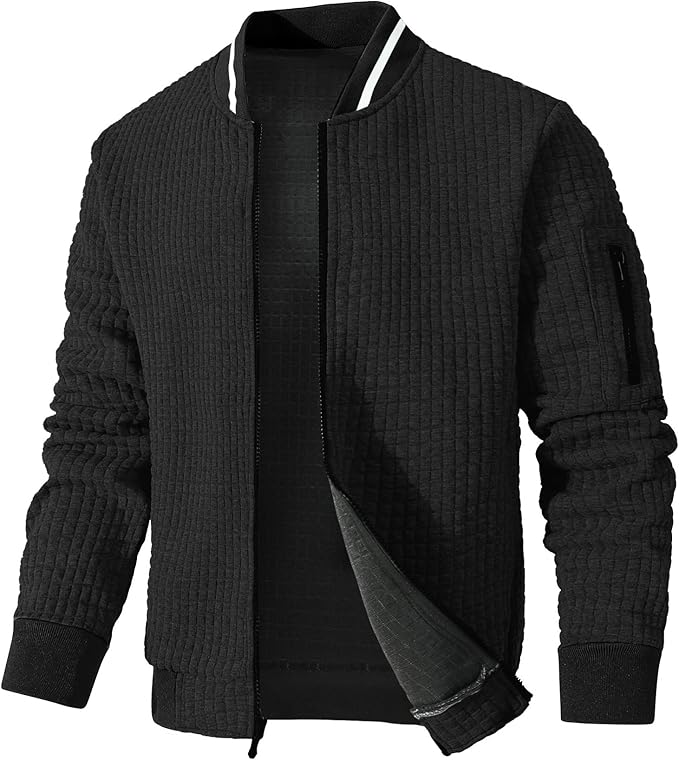 Men’s Textured Bomber Jacket | Zip-Up Layering Piece with Ribbed Trim