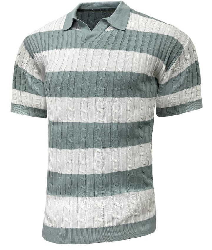 Men’s Striped Knit Polo Shirt | Cable Texture | Short Sleeve Casual Top