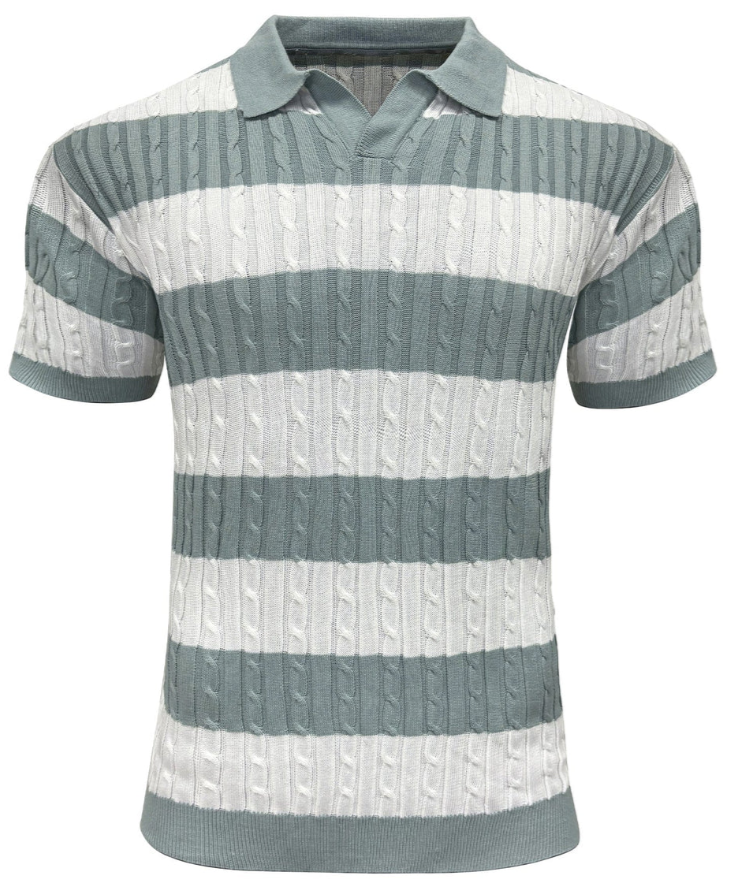 Men’s Striped Knit Polo Shirt | Cable Texture | Short Sleeve Casual Top
