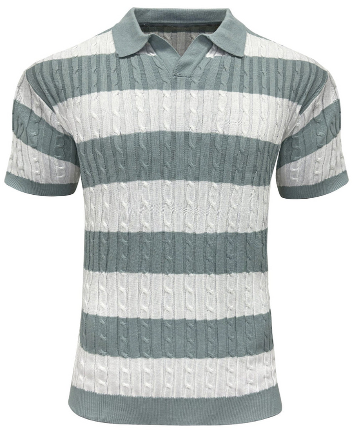 Men’s Striped Knit Polo Shirt | Cable Texture | Short Sleeve Casual Top