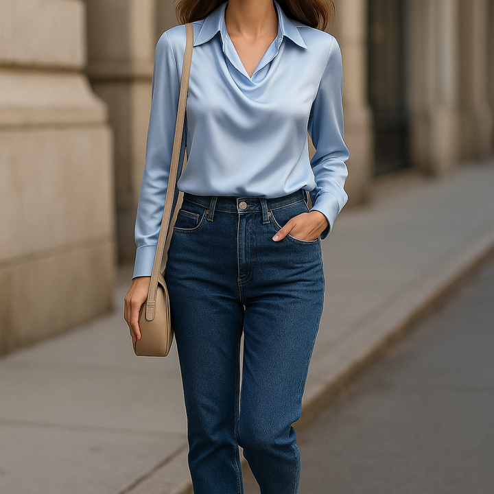 Laureline - Shiny Blouse with Pleated Collar - Chic &amp; Timeless
