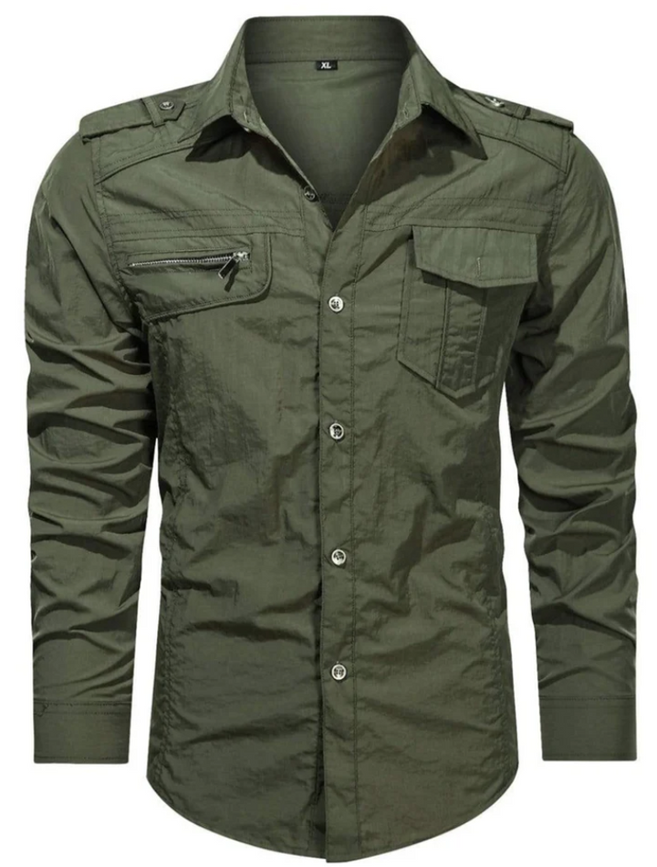 Men’s Military Shirt with Zip Pocket | Long Sleeve Button-Up | Rugged Casual Workwear