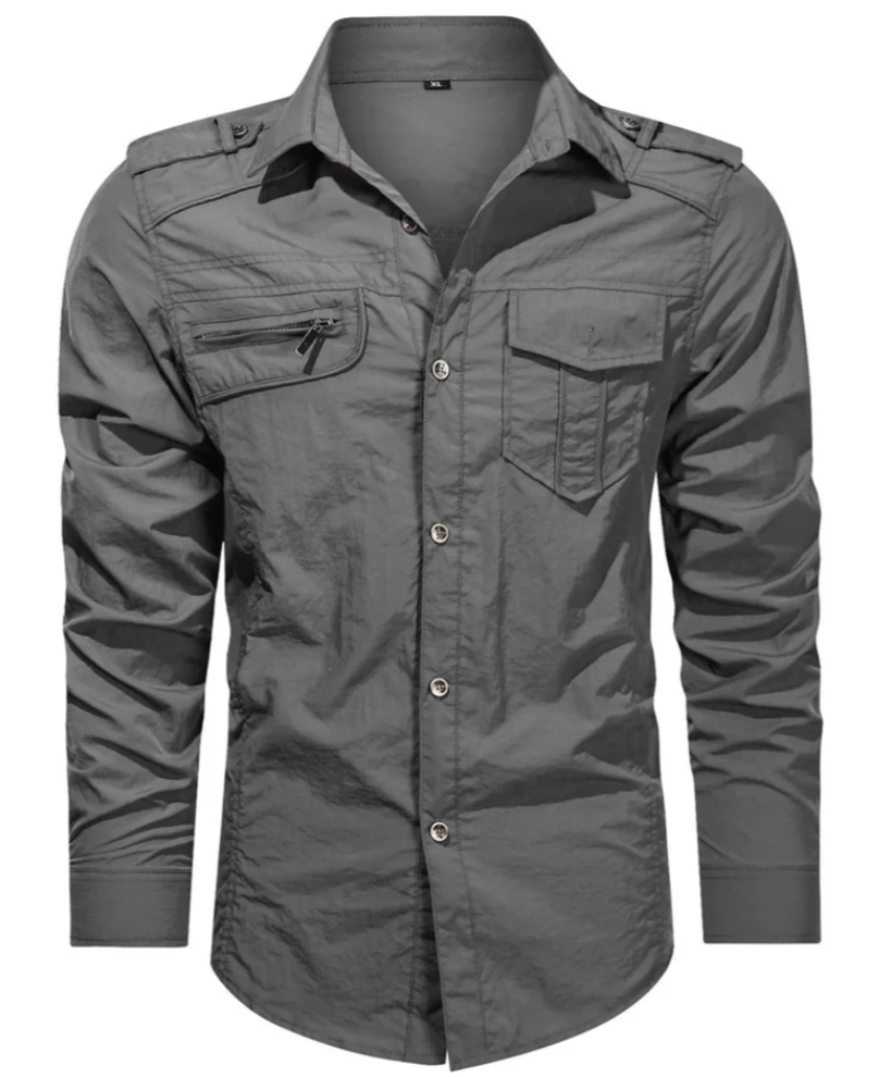 Men’s Military Shirt with Zip Pocket | Long Sleeve Button-Up | Rugged Casual Workwear