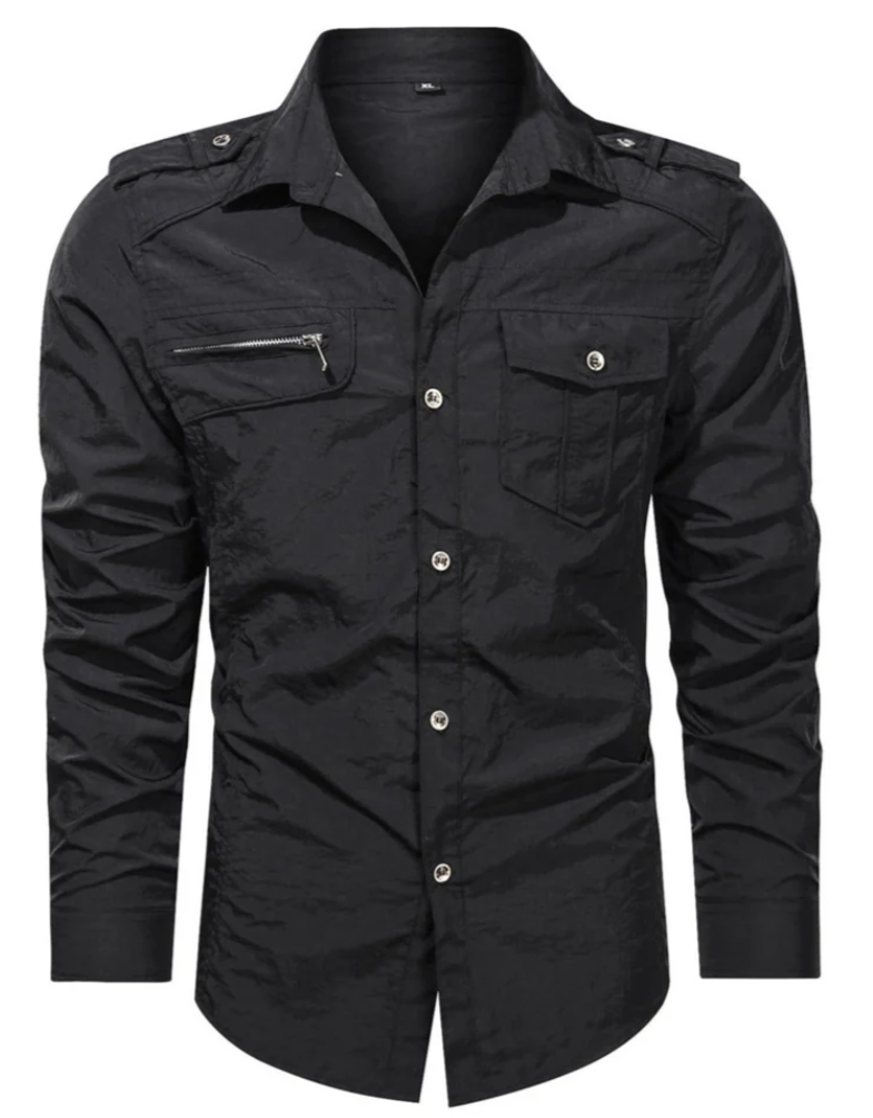 Men’s Military Shirt with Zip Pocket | Long Sleeve Button-Up | Rugged Casual Workwear