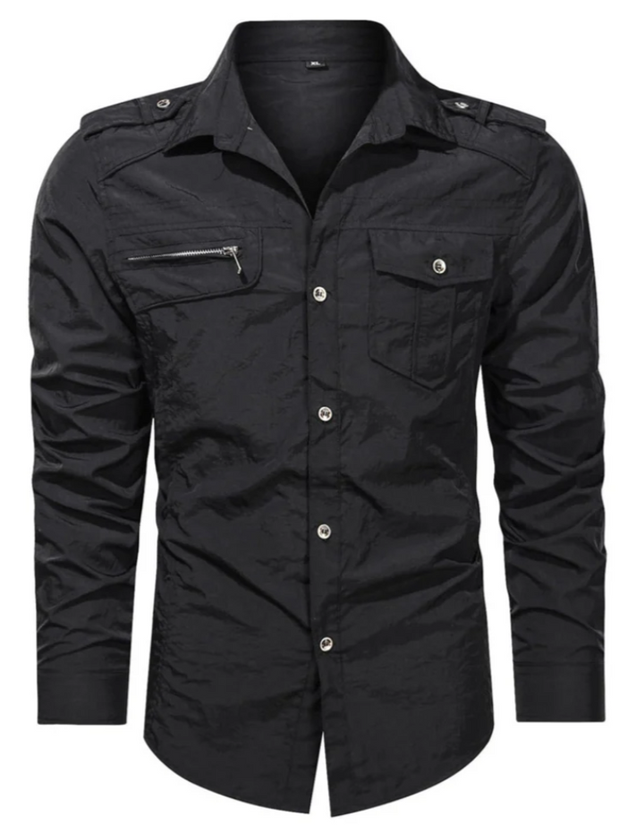 Men’s Military Shirt with Zip Pocket | Long Sleeve Button-Up | Rugged Casual Workwear