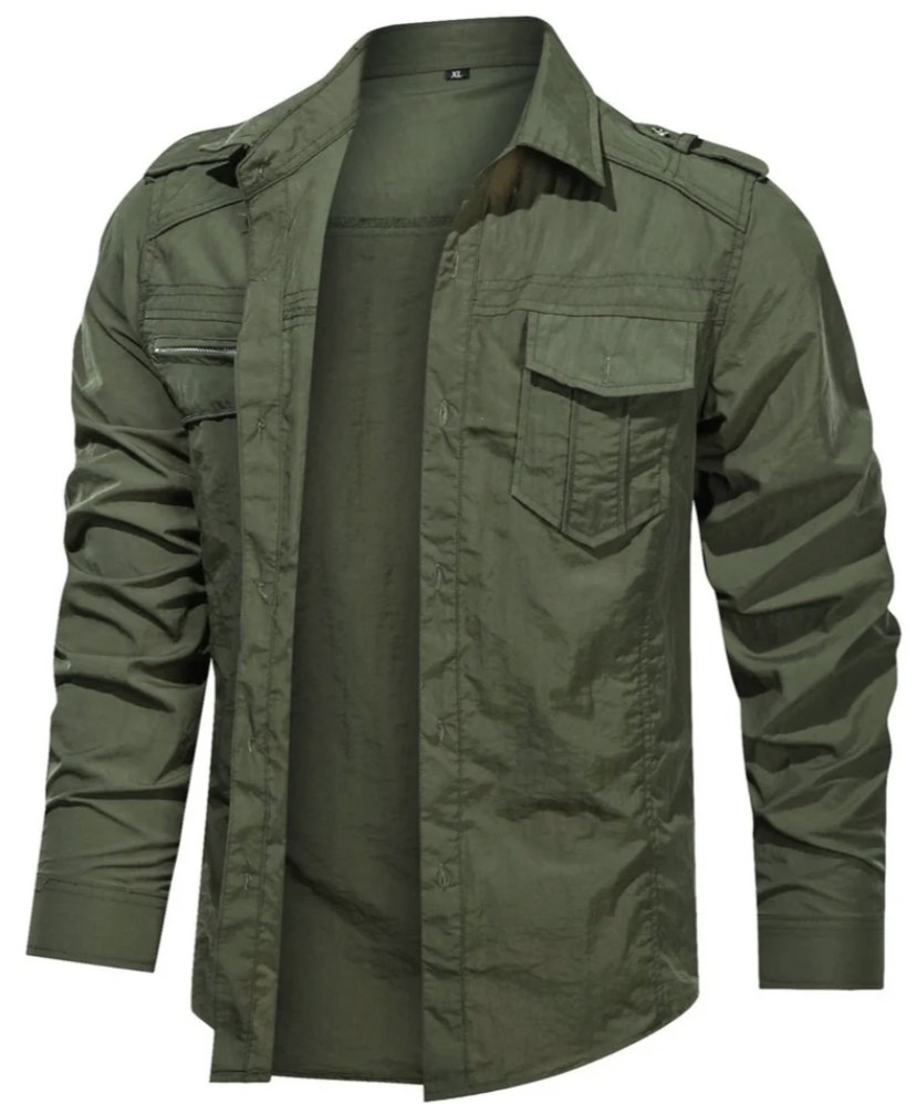 Men’s Military Shirt with Zip Pocket | Long Sleeve Button-Up | Rugged Casual Workwear