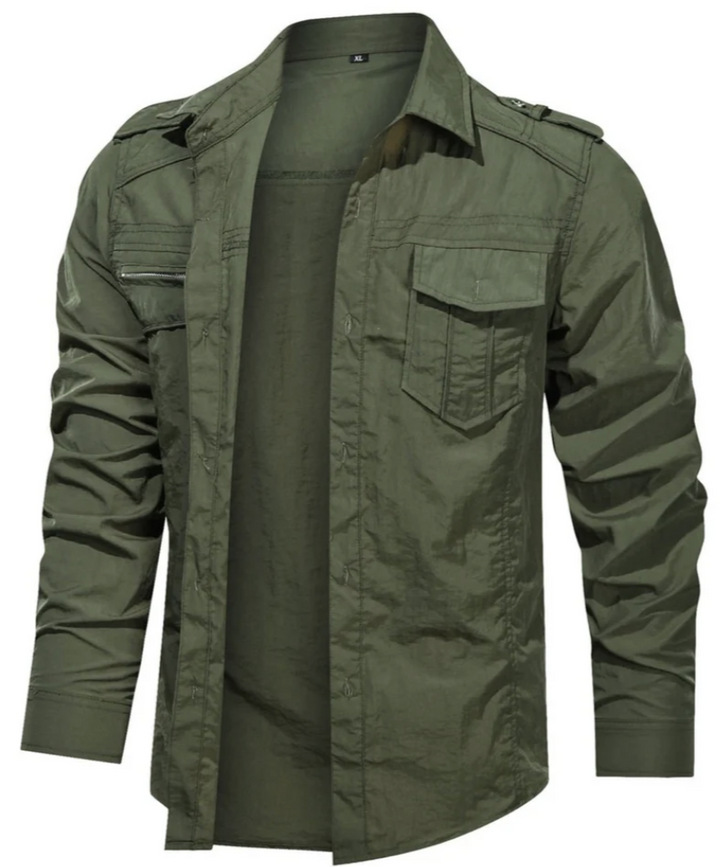 Men’s Military Shirt with Zip Pocket | Long Sleeve Button-Up | Rugged Casual Workwear