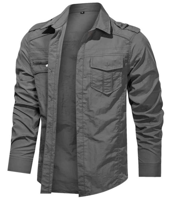 Men’s Military Shirt with Zip Pocket | Long Sleeve Button-Up | Rugged Casual Workwear