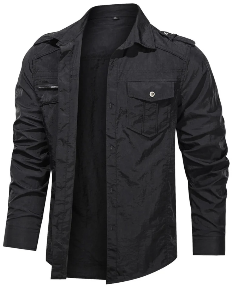 Men’s Military Shirt with Zip Pocket | Long Sleeve Button-Up | Rugged Casual Workwear