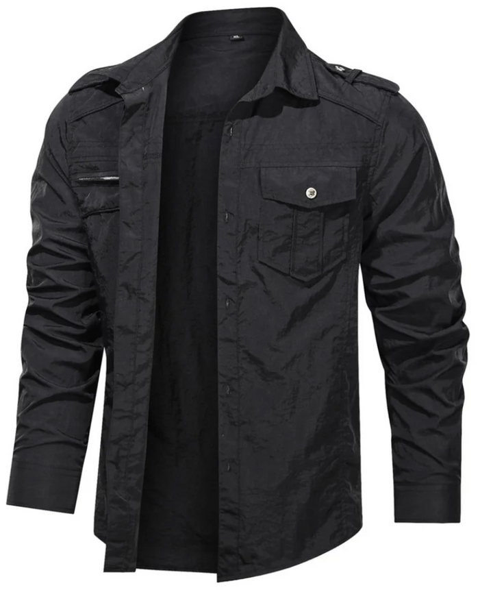 Men’s Military Shirt with Zip Pocket | Long Sleeve Button-Up | Rugged Casual Workwear