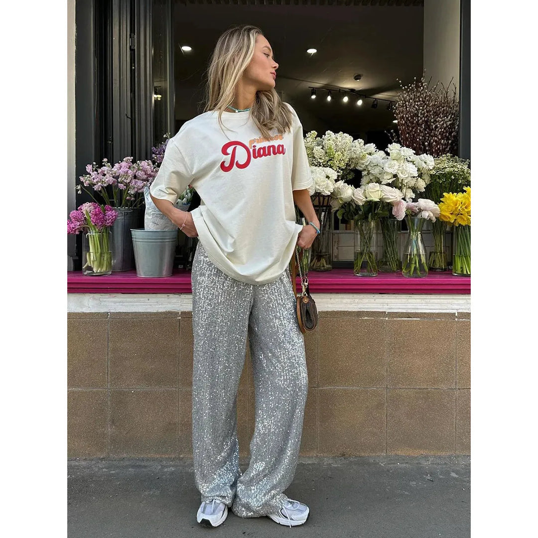 Pantalon large à sequins | Coupe glamour taille haute | Pantalon de soirée