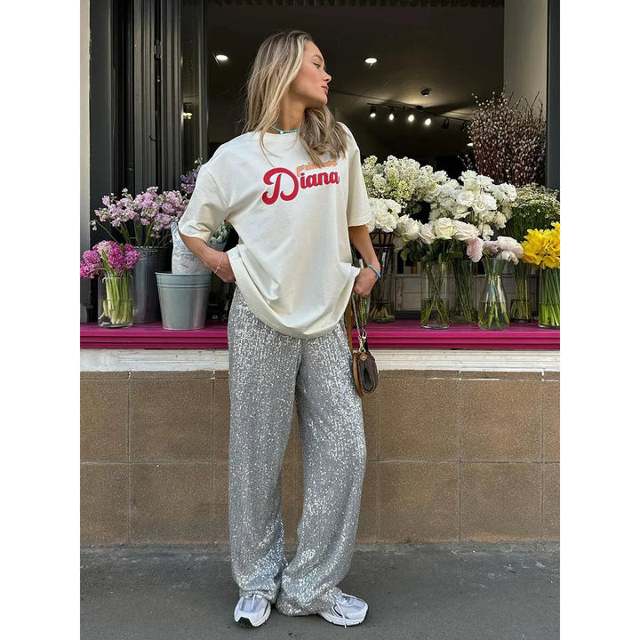 Pantalon large à sequins | Coupe glamour taille haute | Pantalon de soirée