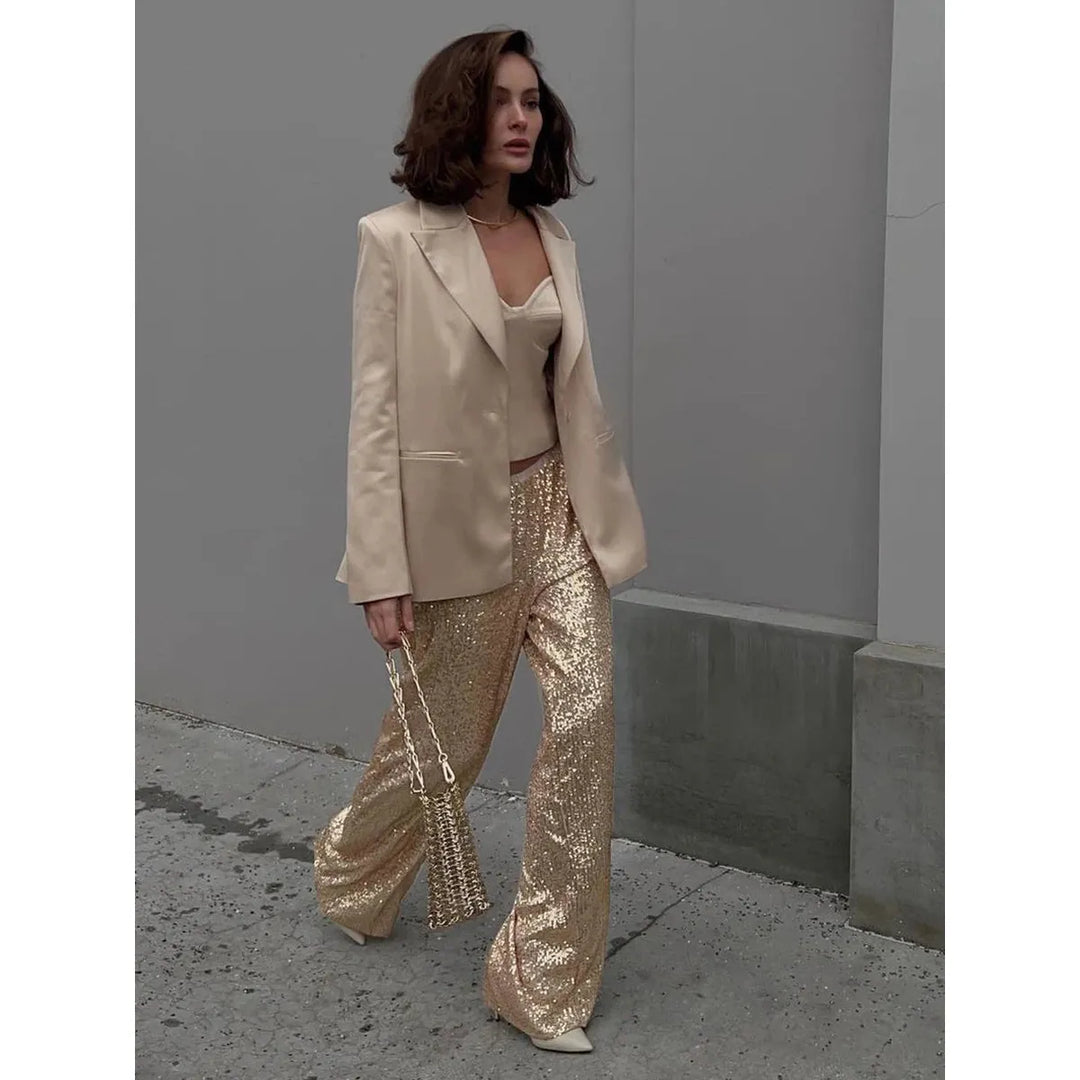 Pantalon large à sequins | Coupe glamour taille haute | Pantalon de soirée