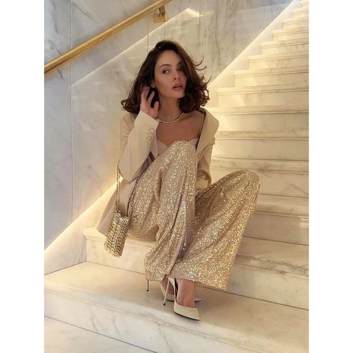 Pantalon large à sequins | Coupe glamour taille haute | Pantalon de soirée