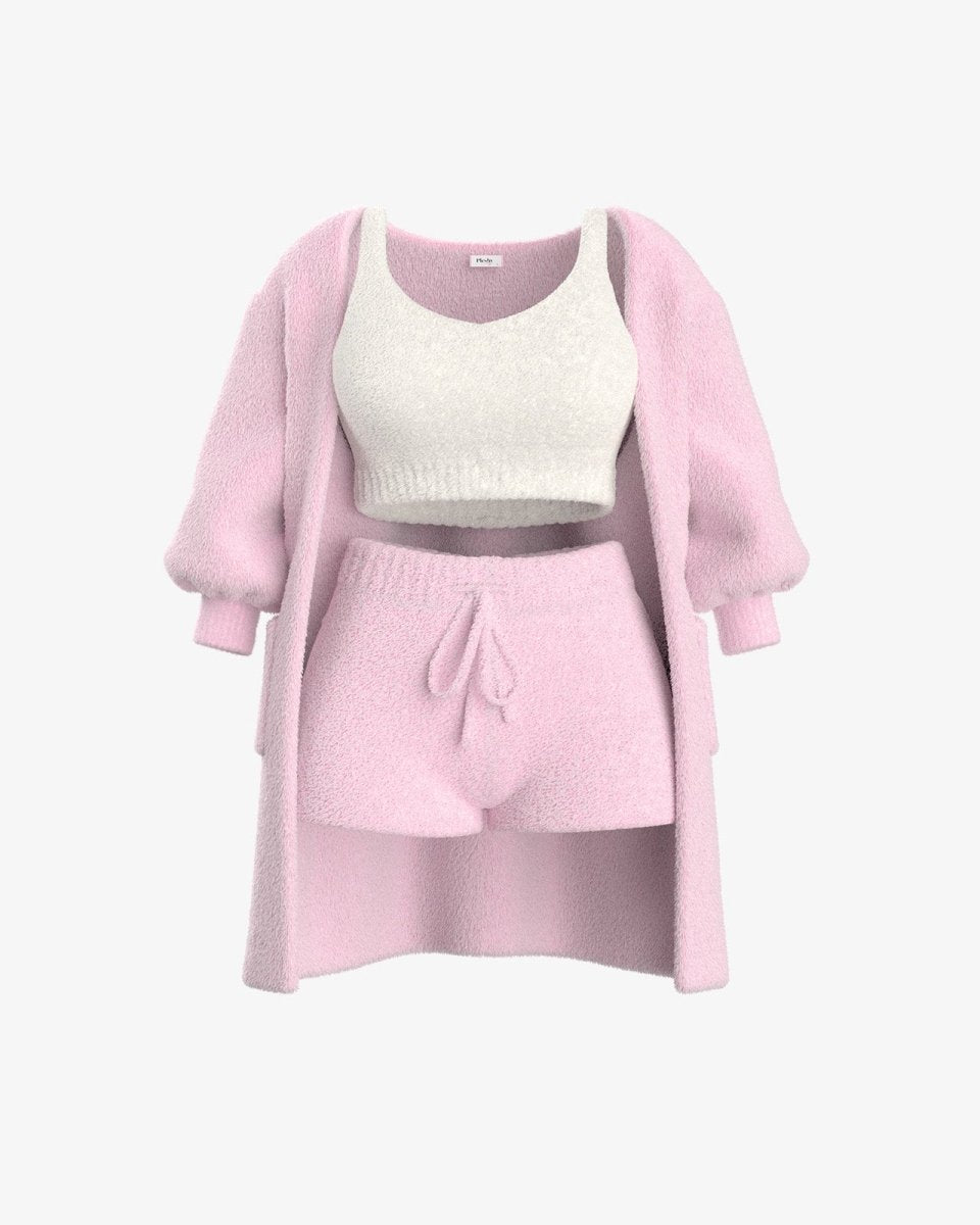 Fuzzy Loungewear Set | Cozy Cardigan, Crop Top & Shorts | Plush Texture