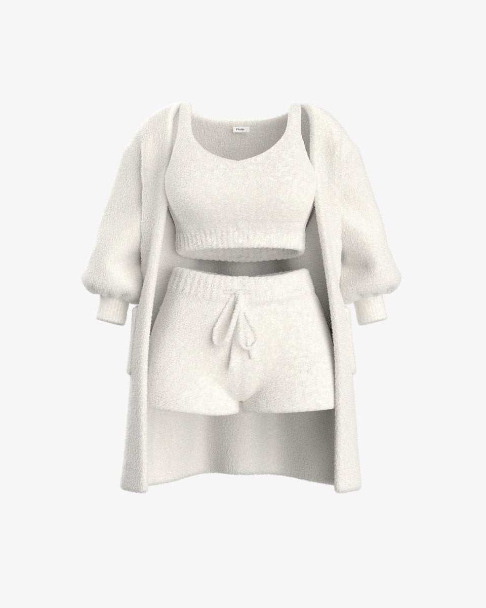 Fuzzy Loungewear Set | Cozy Cardigan, Crop Top & Shorts | Plush Texture