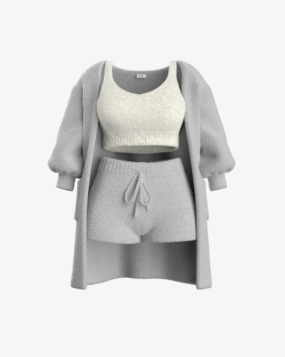 Fuzzy Loungewear Set | Cozy Cardigan, Crop Top & Shorts | Plush Texture