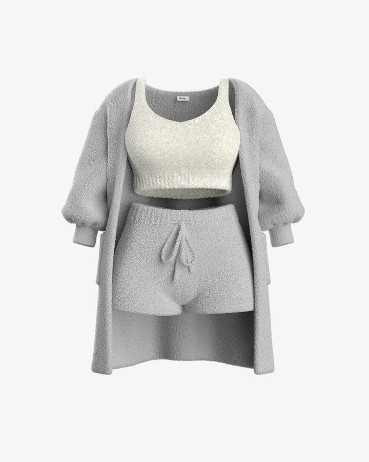 Fuzzy Loungewear Set | Cozy Cardigan, Crop Top & Shorts | Plush Texture