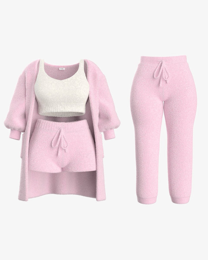 Fuzzy Loungewear Set | Cozy Cardigan, Crop Top & Shorts | Plush Texture