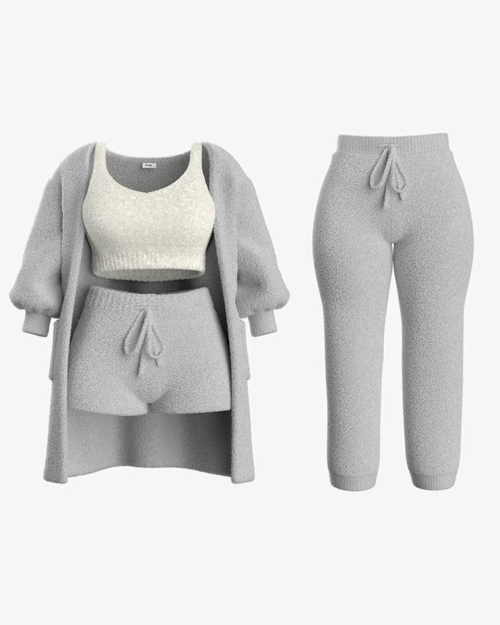 Fuzzy Loungewear Set | Cozy Cardigan, Crop Top & Shorts | Plush Texture