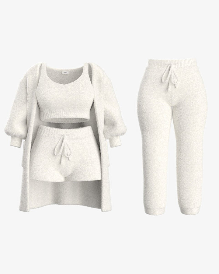 Fuzzy Loungewear Set | Cozy Cardigan, Crop Top & Shorts | Plush Texture