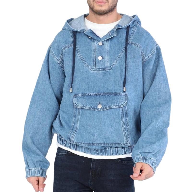 Pullover Denim Hoodie Jacket | Snap Neck & Kangaroo Pocket | 90s Streetwear Revival