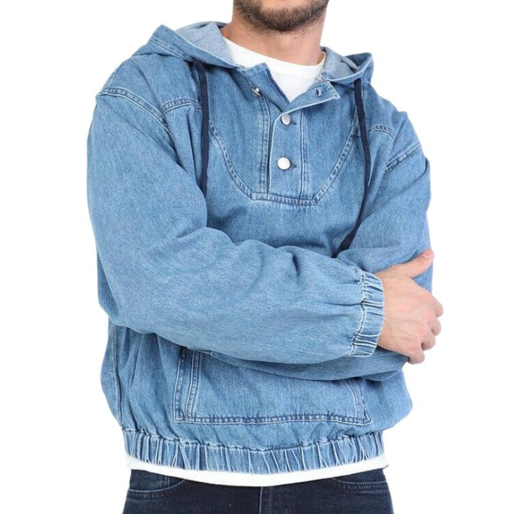 Pullover Denim Hoodie Jacket | Snap Neck & Kangaroo Pocket | 90s Streetwear Revival