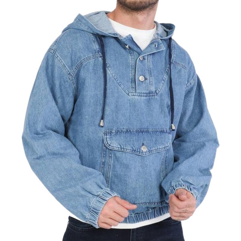 Pullover Denim Hoodie Jacket | Snap Neck & Kangaroo Pocket | 90s Streetwear Revival