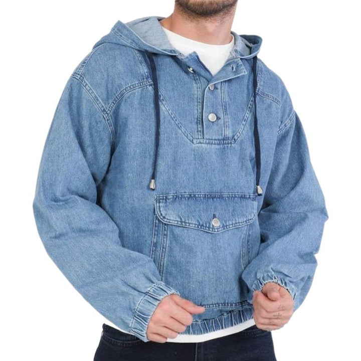 Pullover Denim Hoodie Jacket | Snap Neck & Kangaroo Pocket | 90s Streetwear Revival