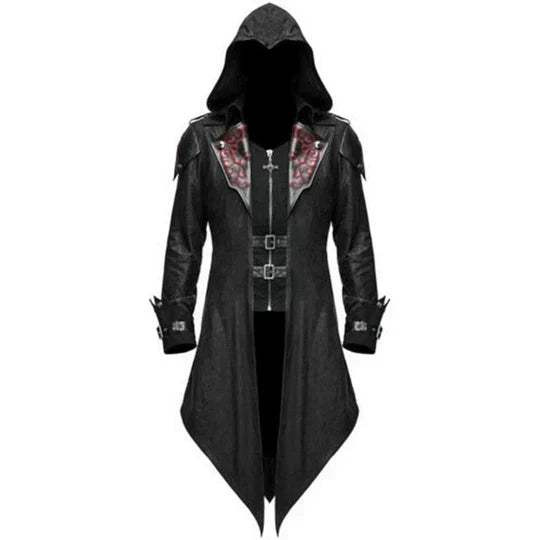 Men’s Long Hooded Gothic Trench Coat | Faux Leather | Buckle Detail | Statement Outerwear