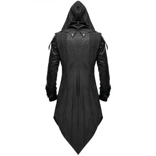 Men’s Long Hooded Gothic Trench Coat | Faux Leather | Buckle Detail | Statement Outerwear