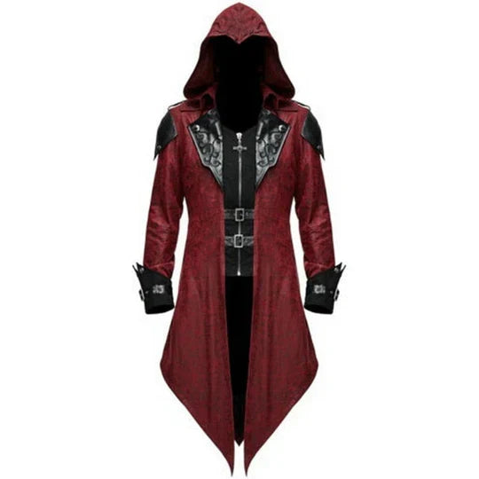 Men’s Long Hooded Gothic Trench Coat | Faux Leather | Buckle Detail | Statement Outerwear