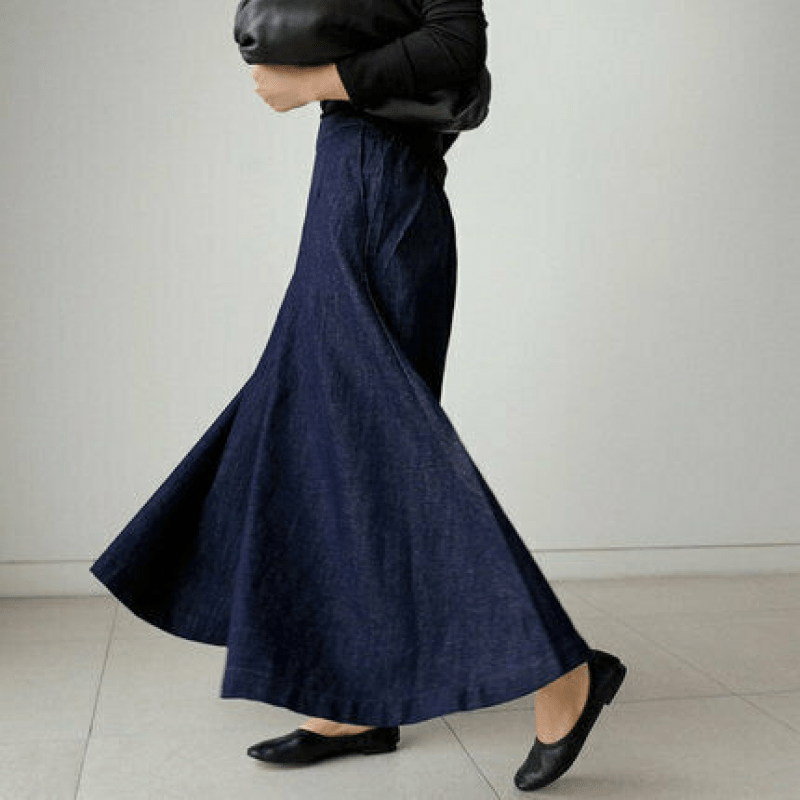 High-Waisted Denim Maxi Skirt | A-Line Silhouette | Soft Draped Movement