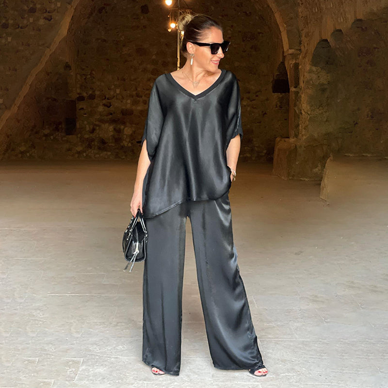 Laurie - Plus Size Elegant Shiny Two Piece Set with V Neck