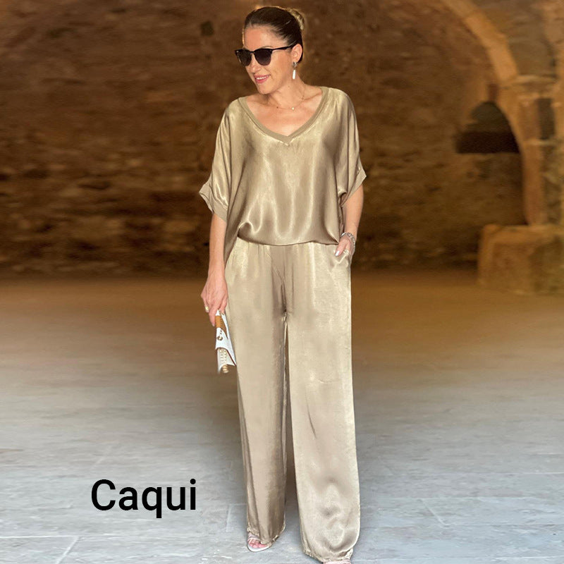 Laurie - Plus Size Elegant Shiny Two Piece Set with V Neck