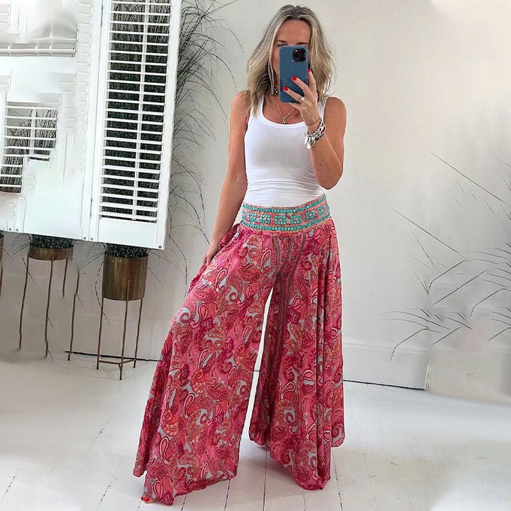 Boho Lounge Pants | Wide-Leg Fit with Printed Waistband