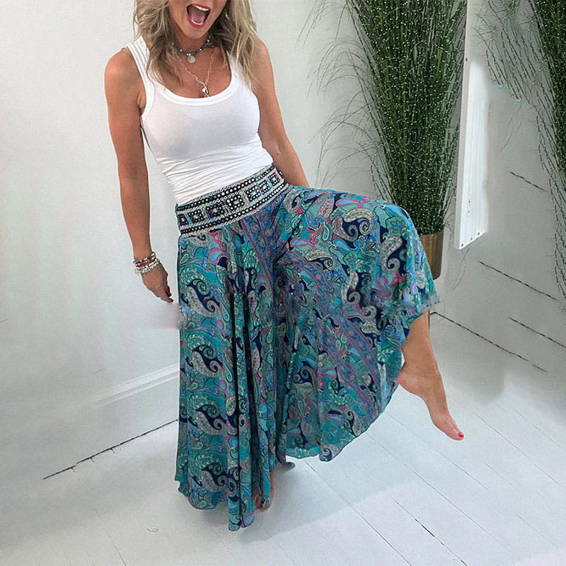 Boho Lounge Pants | Wide-Leg Fit with Printed Waistband