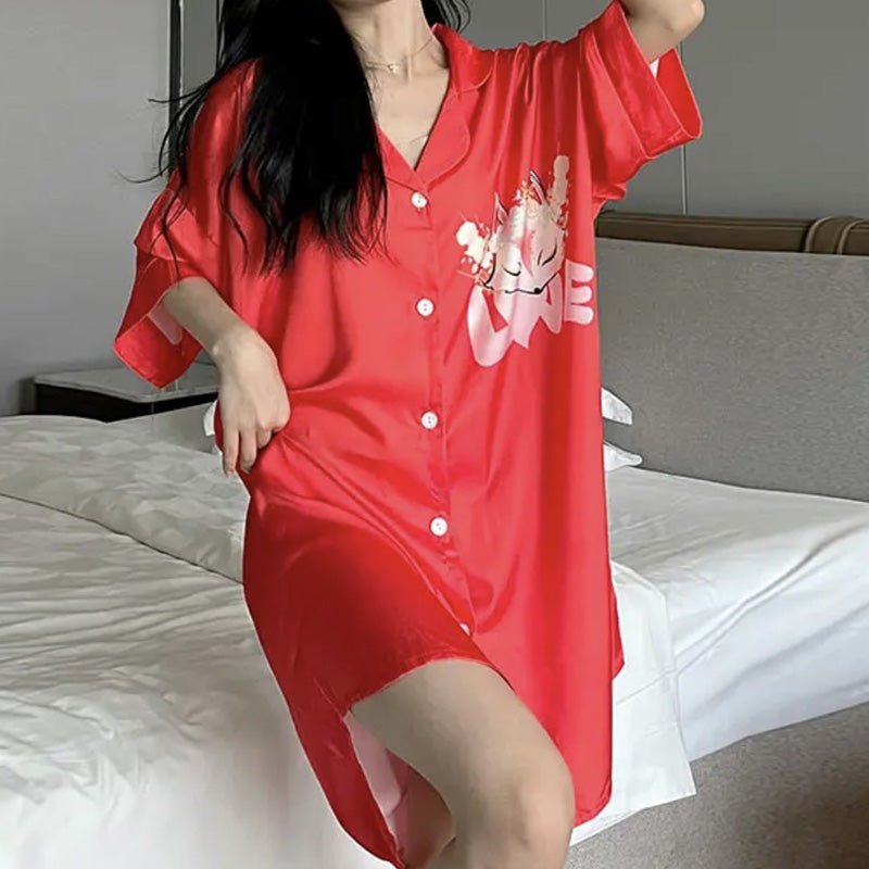 Printed Cat Lounge Shirt Dress | Button Front | Relaxed Fit Loungewear