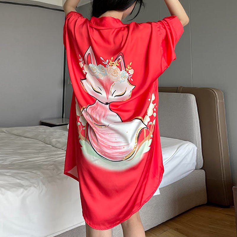 Printed Cat Lounge Shirt Dress | Button Front | Relaxed Fit Loungewear