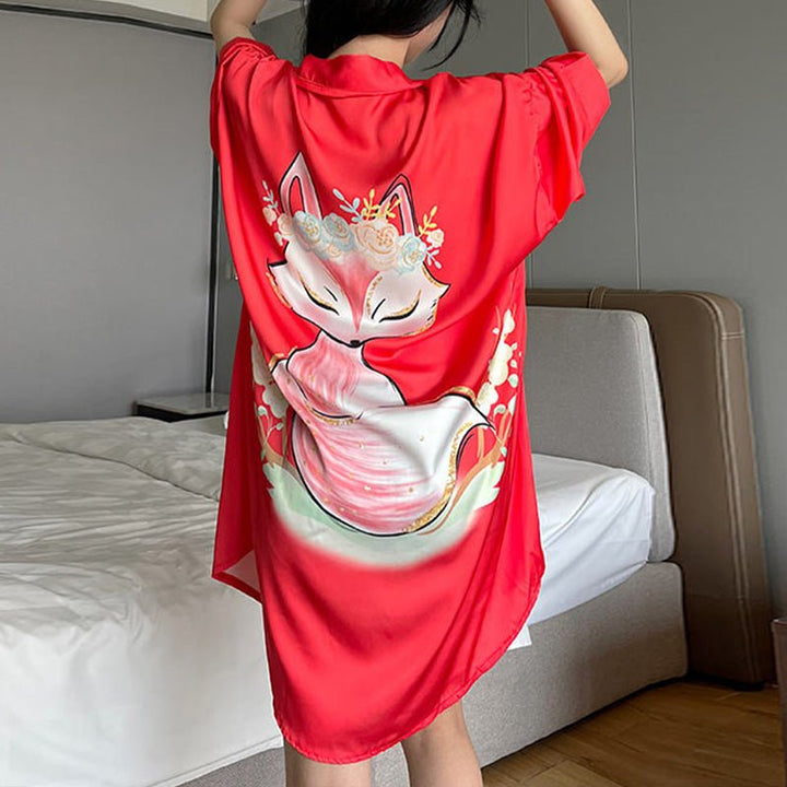 Printed Cat Lounge Shirt Dress | Button Front | Relaxed Fit Loungewear