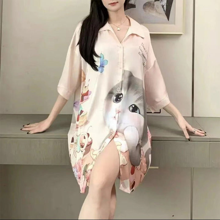 Printed Cat Lounge Shirt Dress | Button Front | Relaxed Fit Loungewear