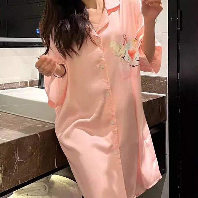 Printed Cat Lounge Shirt Dress | Button Front | Relaxed Fit Loungewear