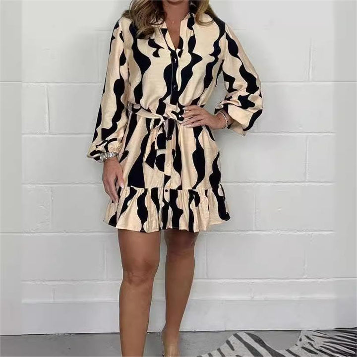 Perlina - Irregular Striped Shirt Dress with Lapel Collar and Tie Belt